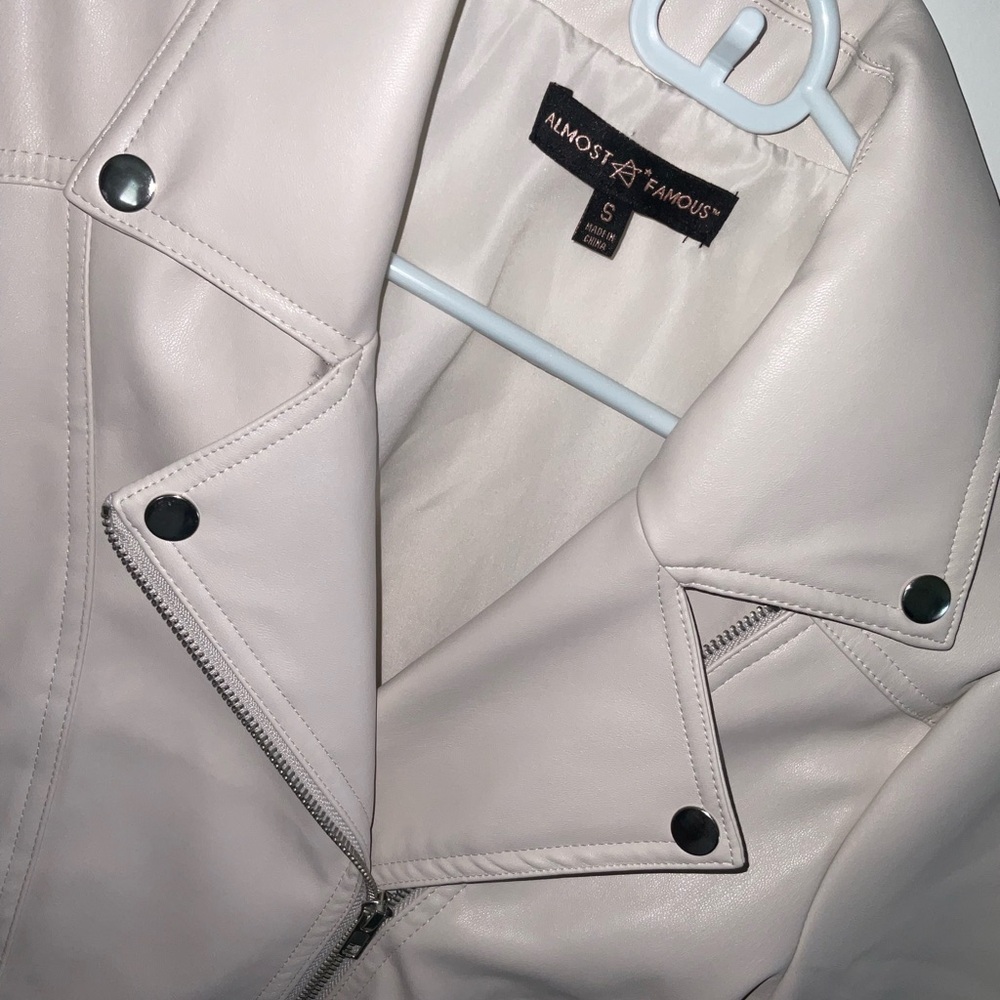 Almost Famous Cream Leather Jacket with Geometric Stitching